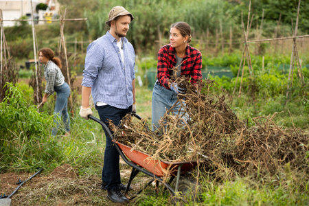 Woman and man take out bunch of branches, put them in wheelbarrow