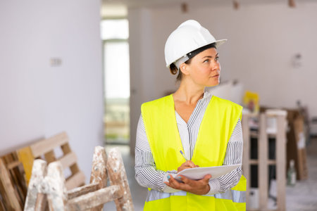 Woman foreman in a protective helmet and yellow vest checks the completed construction work on...