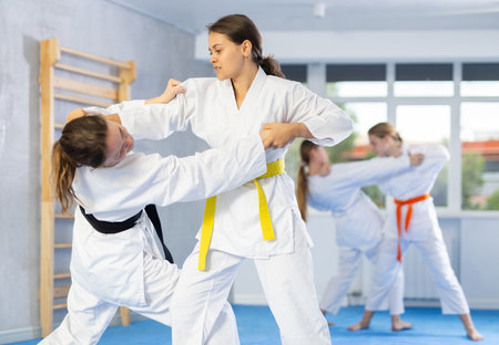 Females practicing fighting movesの写真素材