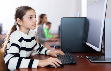 Pupils using computers at lesson, teacher teaching them in class roomの写真素材