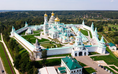 Aerial view of Voskresensky Monastery in Istra town in summer, Russiaの写真素材
