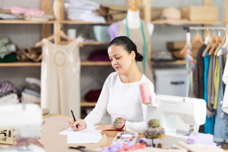Focused young Asian tailoress drawing sketches in sewing workshopの写真素材