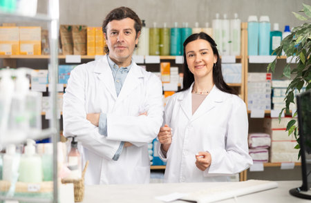 Portrait of two positive pharmacists in modern drugstoreの写真素材