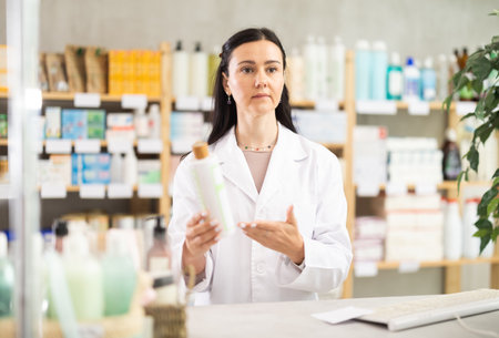 Middle-aged female pharmacist offering shampooの写真素材