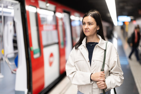 Female passenger awaits the metro train at arrival stationの写真素材