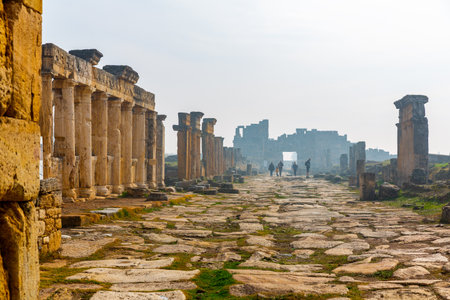 Ruins of central street of ancient city of Hierapolis in Turkeyの写真素材