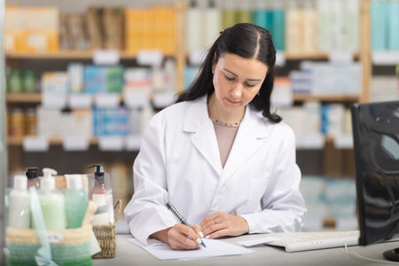 Female pharmacist working at computer and filling out papersの写真素材