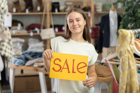 Teenage girl holding sale banner in clothing storeの写真素材