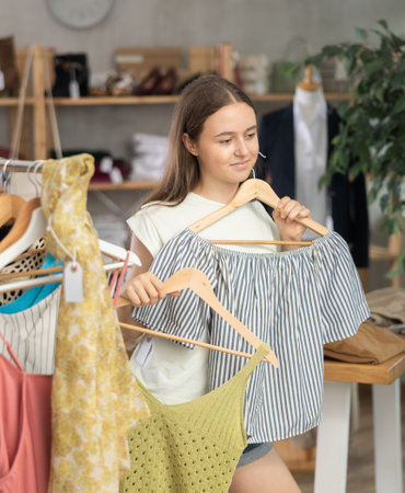 Positive teenage girl choosing something for summer in clothing storeの写真素材