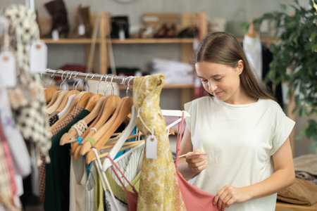 teenager chooses summer clothes in a storeの写真素材