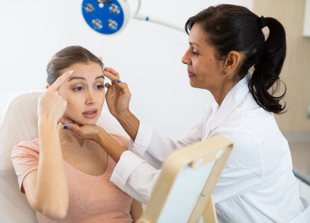 Beautician examining face skin of female patientの写真素材