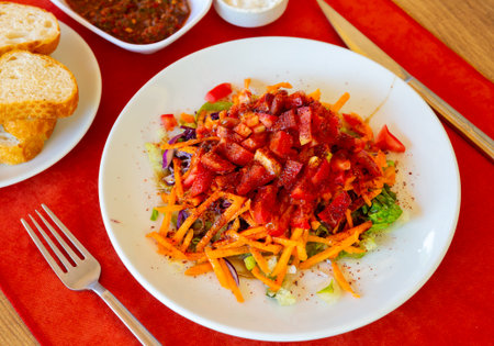 Carrot, lettuce, tomatoes Turkish starter in restaurantの写真素材