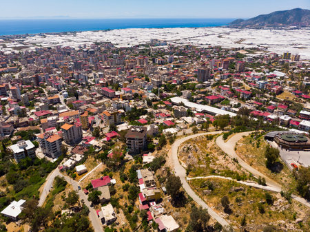 Aerial cityscape of Turkey city Anamur on mediterranean sea shoreの写真素材