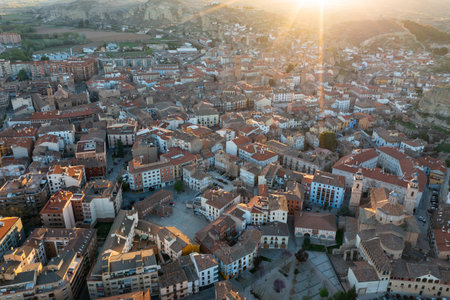 View from drone of Calatayud cityscape with ancient Mudejar-style tower, Spainの写真素材