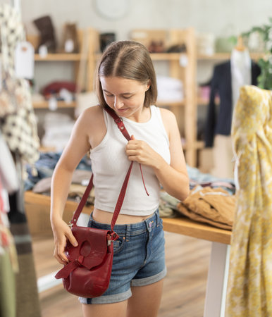 Happy teenage girl choosing handbag in clothing storeの写真素材