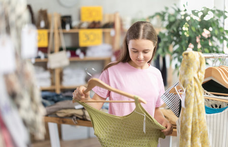 Girl chooses a set of clothes for summer. Visitor to the boutique examines the new summer collection of clothesの写真素材