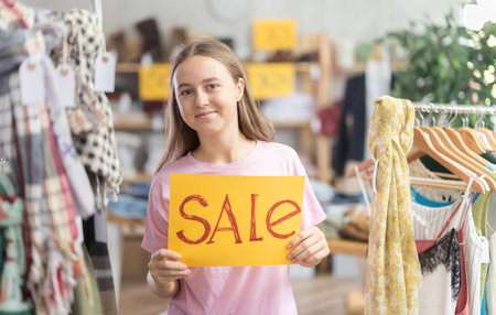 Young teenage girl holding a sign saying Sale in the interior of fashion storeの写真素材