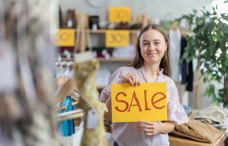 Young teenage girl holding a sign saying Sale in the interior of fashion storeの写真素材