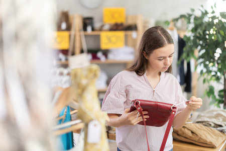 Young teen girl choosing a fashionable handbag in boutiqueの写真素材
