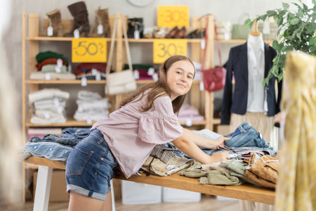 Teenage girl choosing jeans in clothing storeの写真素材