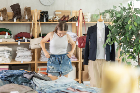 Teenage girl choosing jean shorts in clothing storeの写真素材