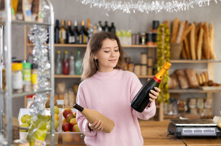 Young woman choosing bottle of wineの写真素材