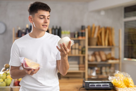 Young guy is choosing cheese in grocery store