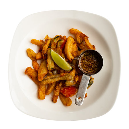 Vegetable tempura with soy and lime close up. Japanese cuisineの写真素材