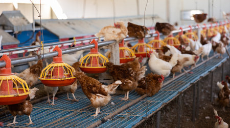 Chicken coop farm. Indoors chicken farm, chicken feeding