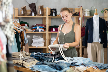 European buyer chooses a handbag in a store