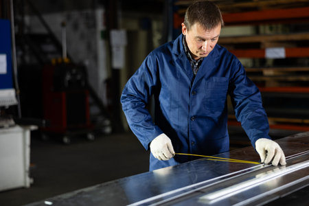 Worker applying markings on steel sheet in metal workshopの写真素材