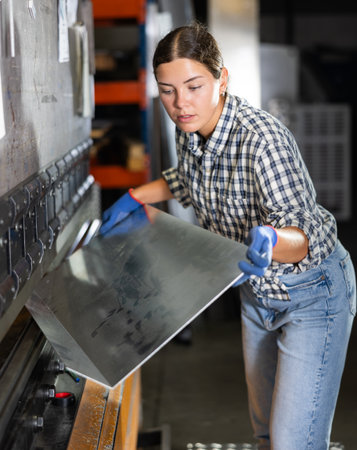 Young woman bends sheet of metal under pressureの写真素材