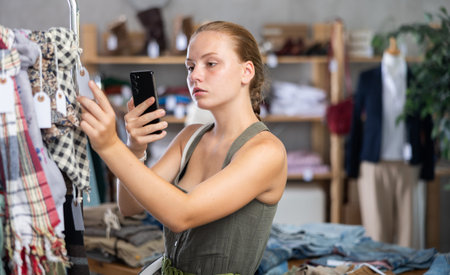 Teenage girl scanning QR-code on scarf in clothing store
