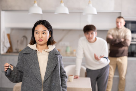 Young girl leaves his family and home after quarrel with relativesの写真素材