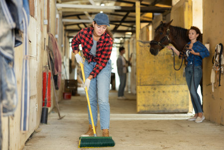 Girl cleans the floor of a stable with fetlockの写真素材