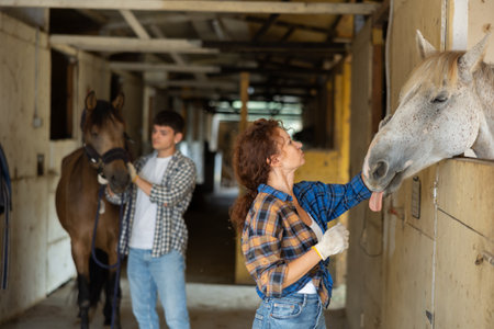 Portrait of woman next to horse in stable stallの写真素材