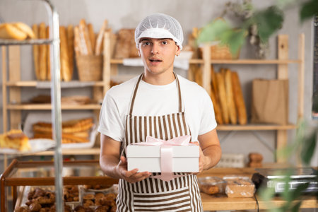 Young man entrepreneur owner of bakery holds out paper bag with pastries in handの写真素材