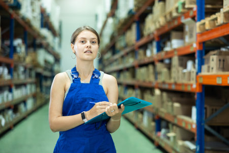 Woman storekeeper keeps track of goods on the shelves of construction warehouse or storeの写真素材