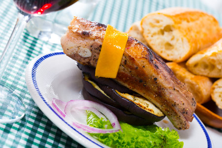 Baked pork rib with cheese and eggplantの写真素材