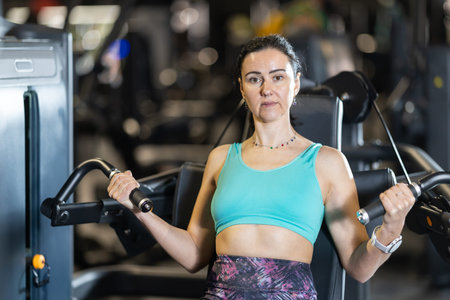 In gym, woman uses chest press machine to strengthen arm muscles
