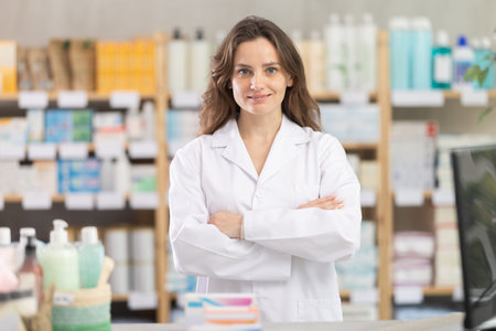 Portrait of friendly pharmacist woman inviting to visit drugstore