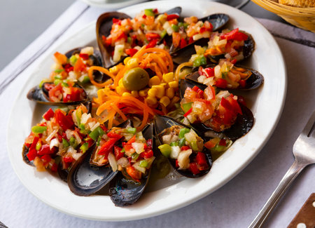 Delicious mussels served with vinaigrette from vegetables