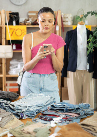 Attentive young Asian woman scanning QR-code in clothing store