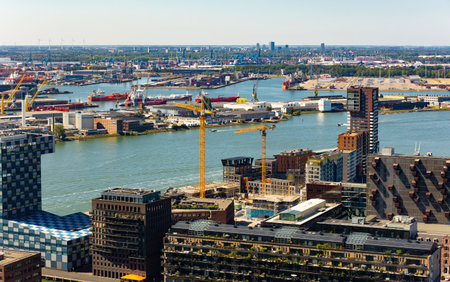 ROTTERDAM, NETHERLANDS - AUGUST 7, 2022: Aerial view of the largest port in Europeのeditorial素材