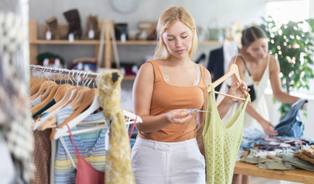 Young woman with her friend choosing top in storeの写真素材