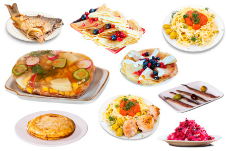 View of many plates with different food over white backgroundの写真素材