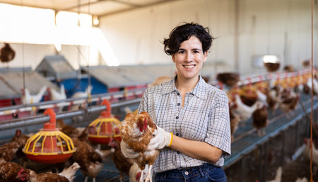 Cheerful Hispanic woman standing in henhouse with laying hen in handsの写真素材