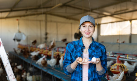Happy female owner of poultry farm with eggs in hands posing in henhouseの写真素材