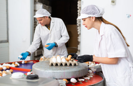 Female poultry farm worker sorting eggs and packing in paper trays