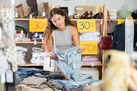 Search and selection of new jeans in a clothing store for young woman
